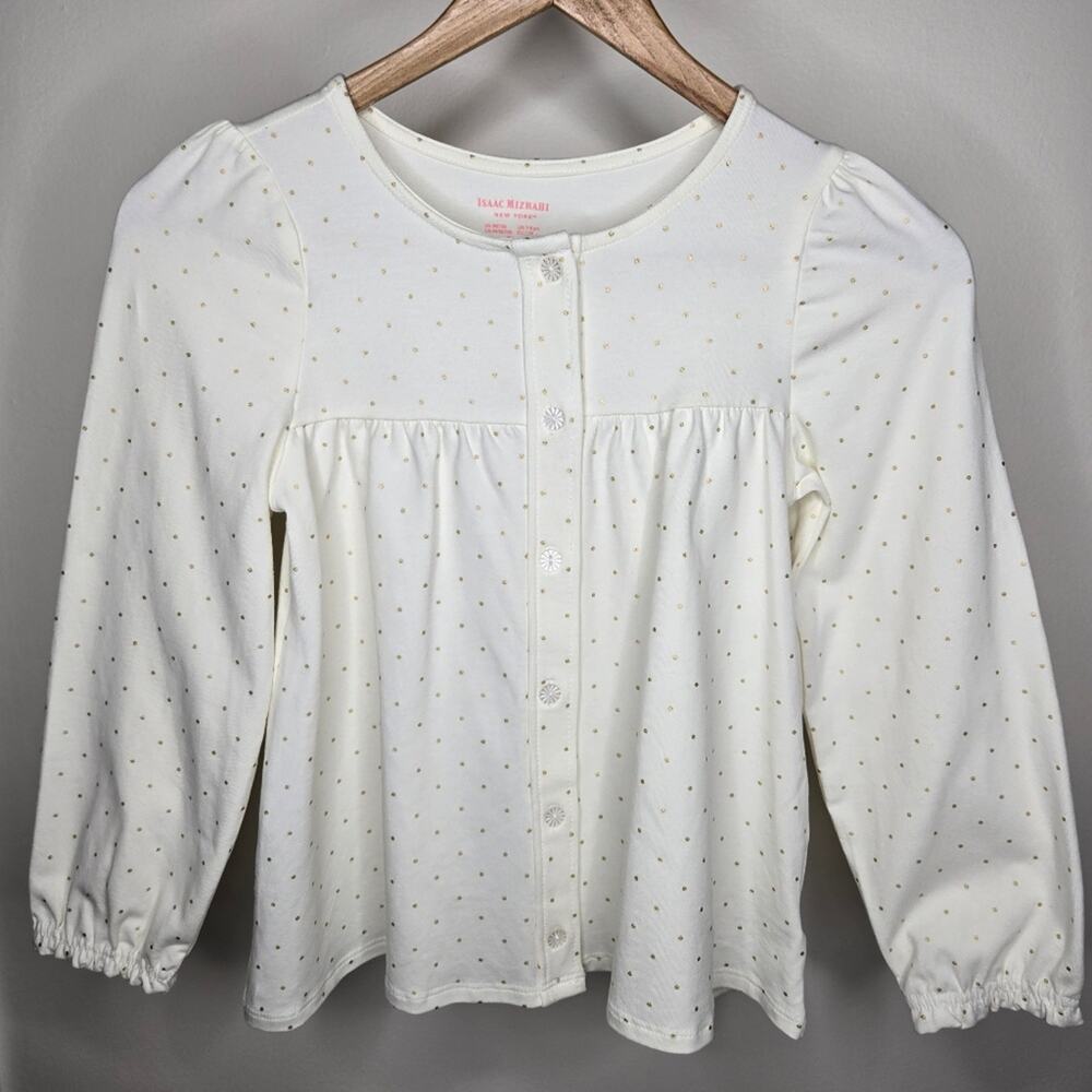 NWOT Isaac Mizrahi Cream & Gold Polka Dot Button Down Long Sleeve Shirt Size 7/8